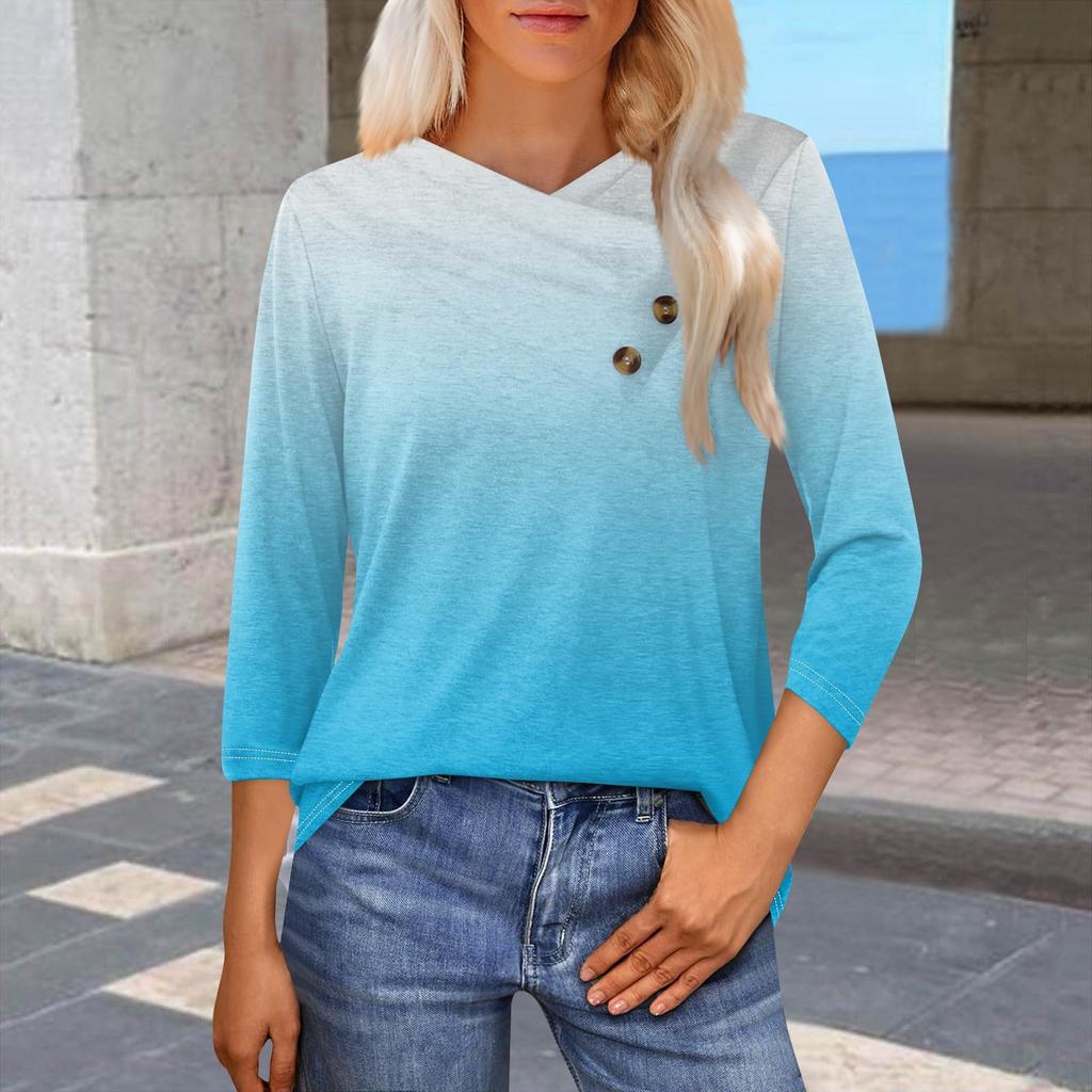 Женская модная повседневная футболка с принтом в виде градиента, рукавами-семиточками, V-образным вырезом и застежкой на пуговицы