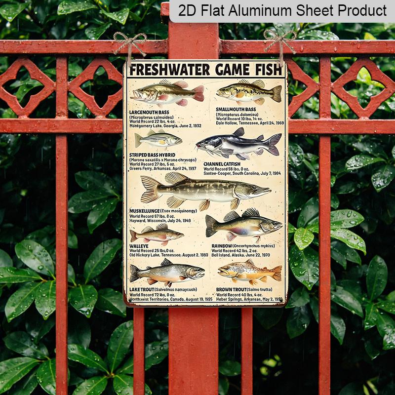 2D Flat, 1pc Fish Knowledge Vintage Aluminum Sign FreshWater Game Fish Wall Art Sign Funny Fishing Metal Decor Gifts Plaque for Man Cave Home Wall