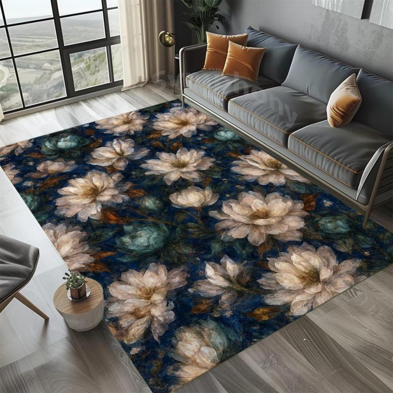 Teal Gold Leaf Area Rug Modern Abstract Botanical Pattern Non-Slip Stain Resistant Carpet for Living Room Bedroom Entryway