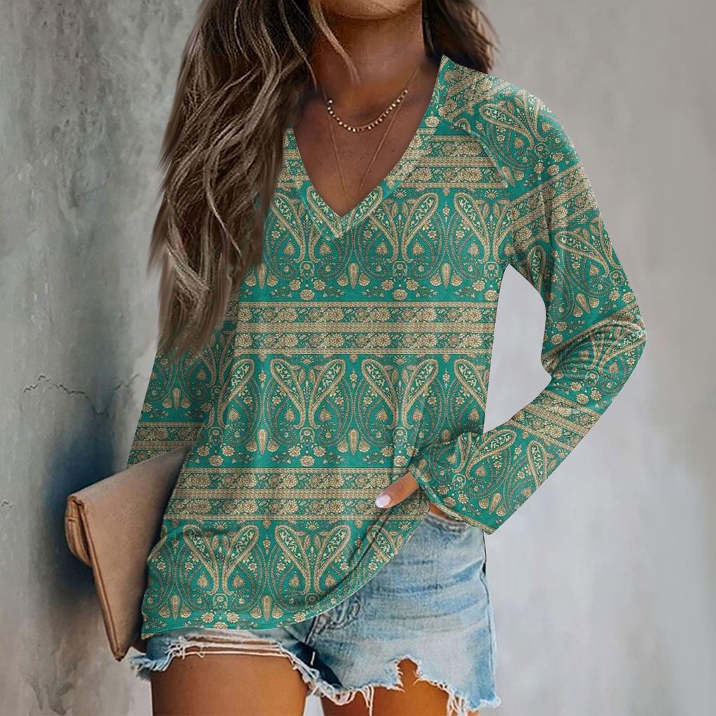 Женская модная свободная футболка с V-образным вырезом и длинным рукавом с винтажным цветочным принтом, повседневный топ