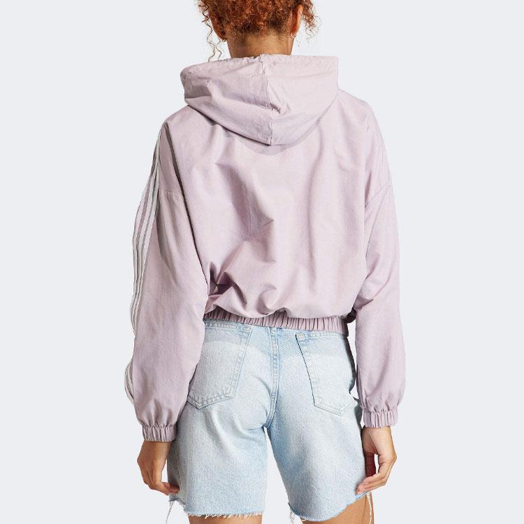adidas Женская куртка Essentials с тремя полосками и цветным логотипом, повседневная, с капюшоном, тканая, фиолетовая IS1476