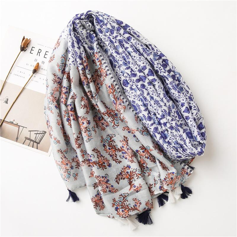 Женский шарф Four Seasons Fresh And Elegant Blue Floral Bamboo с кисточками из хлопка и конопли, солнцезащитная шаль, многофункциональный шарф двойного назначения, шелковый шарф