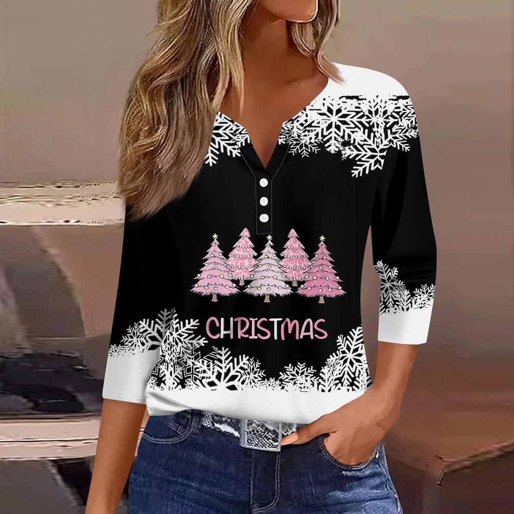 Women's T Shirt Tee Print Button 3/4 Sleeve Daily Weekend Fashion Basic V- Neck Regular Top