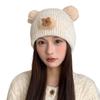 Cute Cartoon Bear Wool Knitted Hat for Female Students, Seasonal Cold Hat, Big Head Circumference, Warm Ear Protector