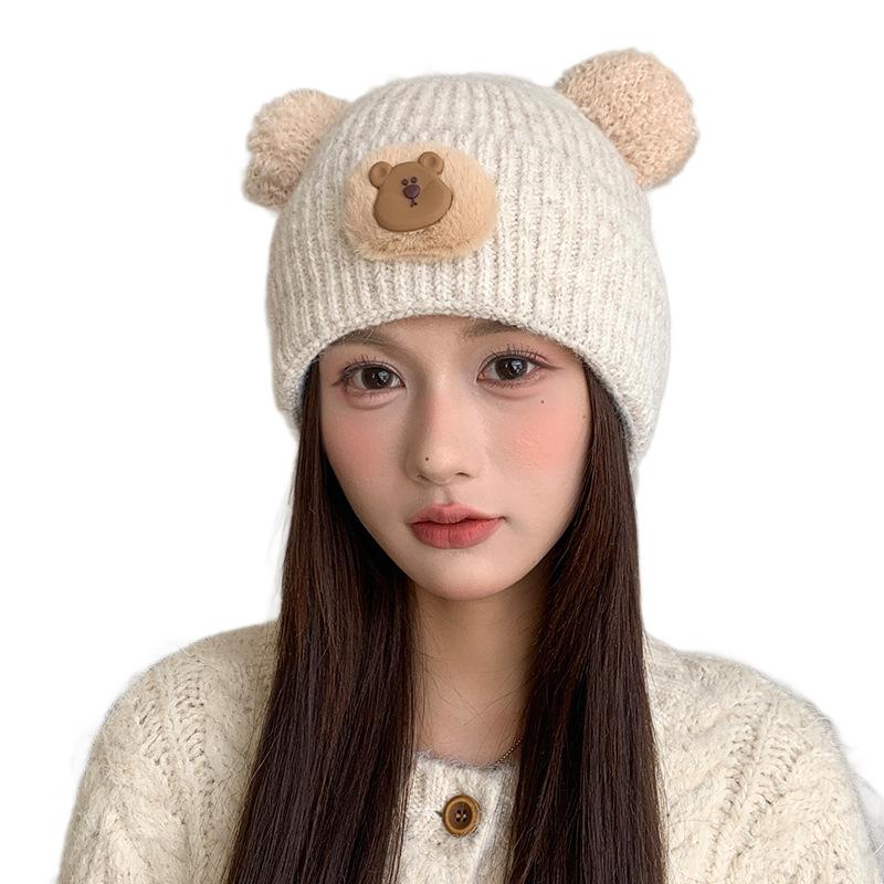 Cute Cartoon Bear Wool Knitted Hat for Female Students, Seasonal Cold Hat, Big Head Circumference, Warm Ear Protector