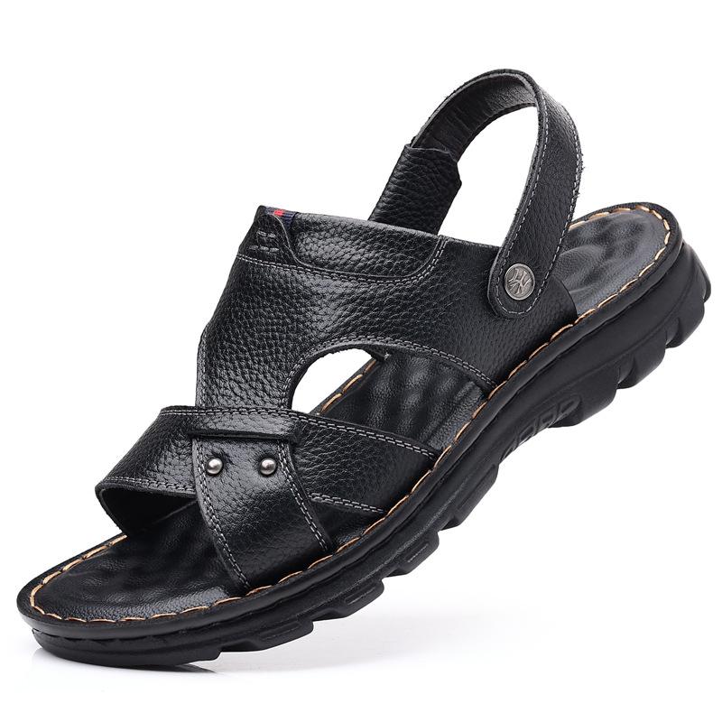 Летние мужские сандалии из первого слоя коровьей кожи, сандалии двойного назначения, удобная обувь для вождения и пляжа, нескользящие повседневные крутые шлепанцы