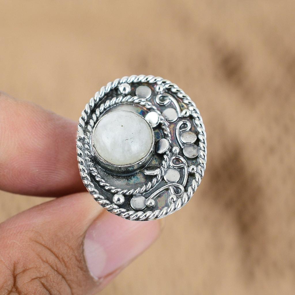 Natural Rainbow Moonstone Gemstone Promise Adjustable Ring 925 Silver For Girls