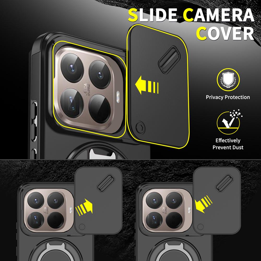 KEYSION 360° Вращающаяся подставка-кольцо Чехол для телефона для Xiaomi 15T 15T Pro Силикон+ПК Сдвижная защита камеры Магнитная противоударная крышка