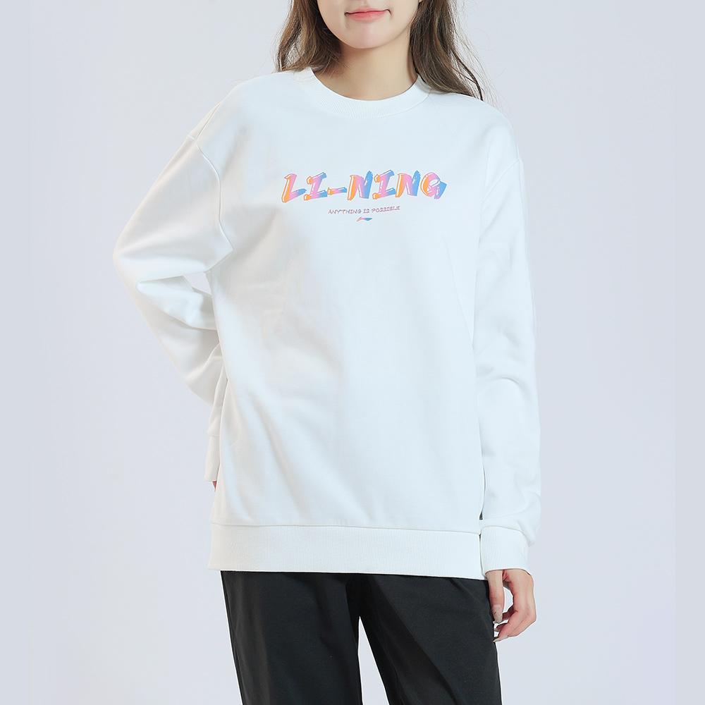 Li Ning Plain Round Neck Logo Повседневная трикотажная спортивная толстовка без капюшона Флисовая толстовка с длинным рукавом унисекс Белая AWDTE03-2