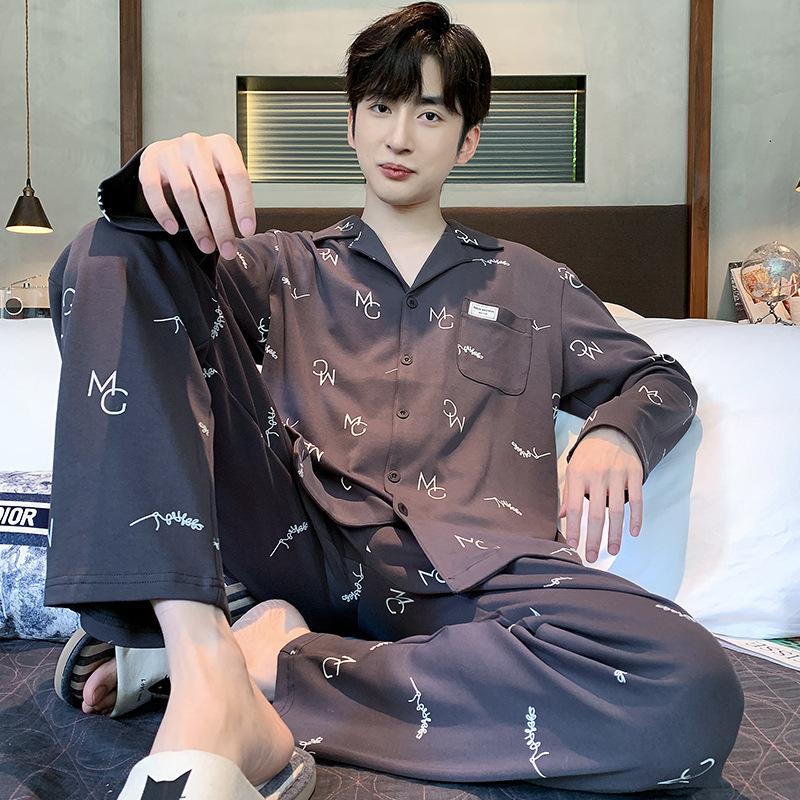 Хлопковая мужская пижама весна-осень с длинными рукавами ночная рубашка новый кардиган в клетку домашняя одежда для сна одежда для отдыха