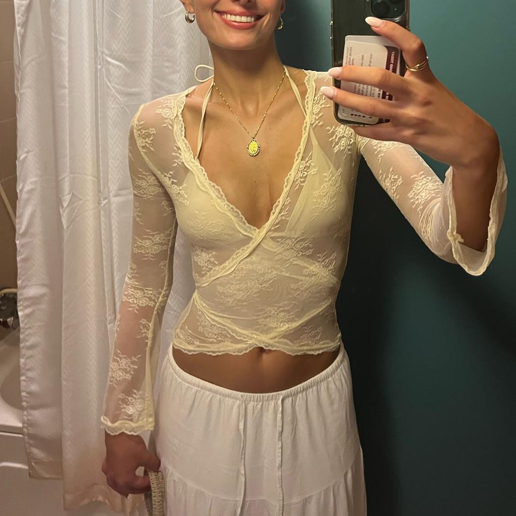 Женские кружевные укороченные топы, повседневные футболки с длинным рукавом, глубоким V-образным вырезом и перекрестными запахами, базовые блузки