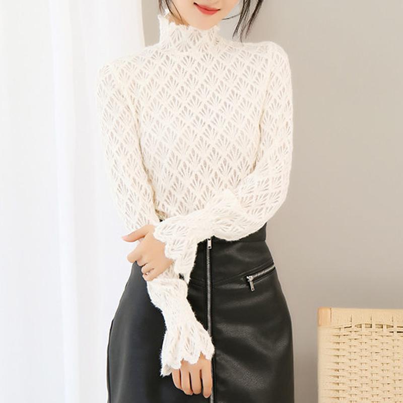 Qooth Женская рубашка с кружевной подкладкой и половиной высокого воротника, элегантная винтажная рубашка с сетчатым низом и длинным рукавом QT1993