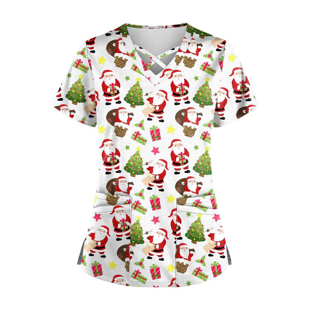 Women's Short Sleeve Stagger V Neck Christmas Print Pocket Dry-nurse Top