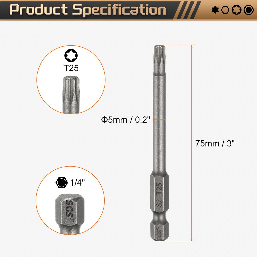 1/3/5 шт. Бита для отвертки с головкой Torx 1/4" Шестигранный хвостовик Магнитная Без отверстия Наконечник Защищенная от взлома 6-лучевая звезда Сталь S2 Отвертка Сверло
