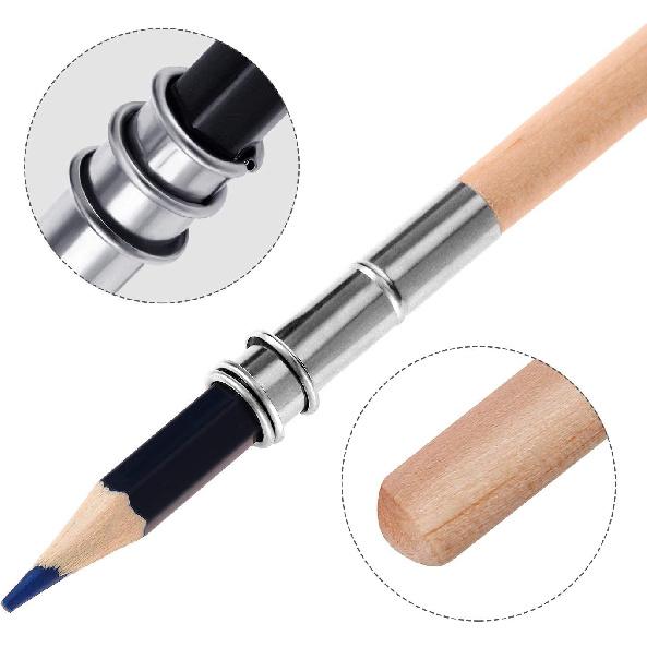 Chinco 12 Pieces Wooden Pencil Extenders Art Pencil Lengthener Crayon Extension with Aluminum Handle for School Office Supplies
