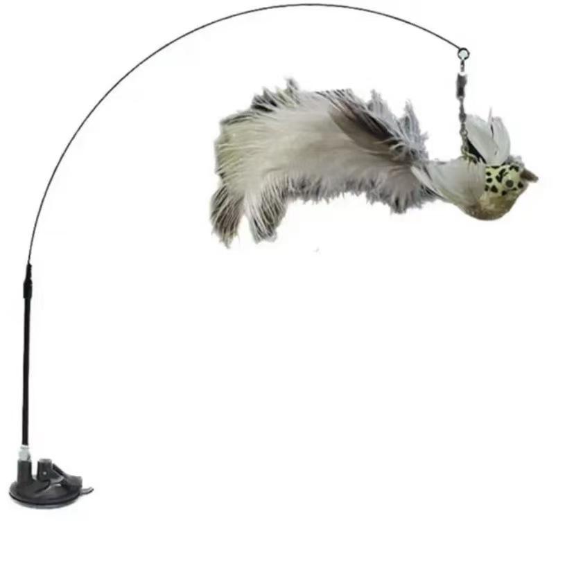 Cat Wand Teaser with Strong Suction Cup, Colorful Feathers, Steel Wire, Long Rod, Durable Design, and Bell for Self-Play