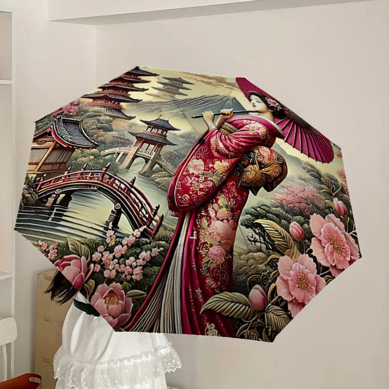 1PC Geisha Blossoms Automatic Folding Umbrella - Compact 8-Rib Design, Durable Plastic & Iron, Lightweight for Outdoor Daily Use, Festive Gift062