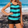 2Pcs/Set Women Tankini Set U-Neck Sleeveless Striped Print Tops Side Drawstring Swimming Shorts Set Split Swimsuit