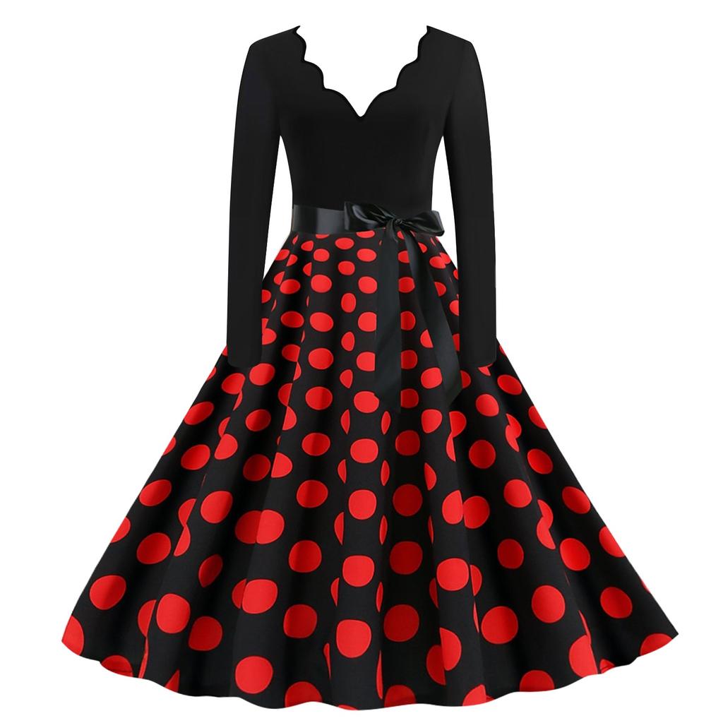 Женское платье в горошек с длинным рукавом и вырезом для вечеринки, повседневное платье с v-образным вырезом