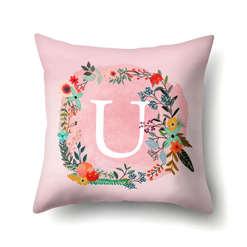 Полиэстеровая наволочка Розовый цветок Домашнее украшение Принт 26 английских букв Наволочка для подушки