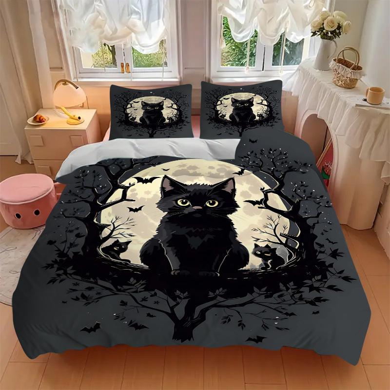 3pcs Moon and Black Cat Creative Design Quilt Cover Set - Soft and Cozy Bedroom, Guest Room and Dorm Decorative Bedding
