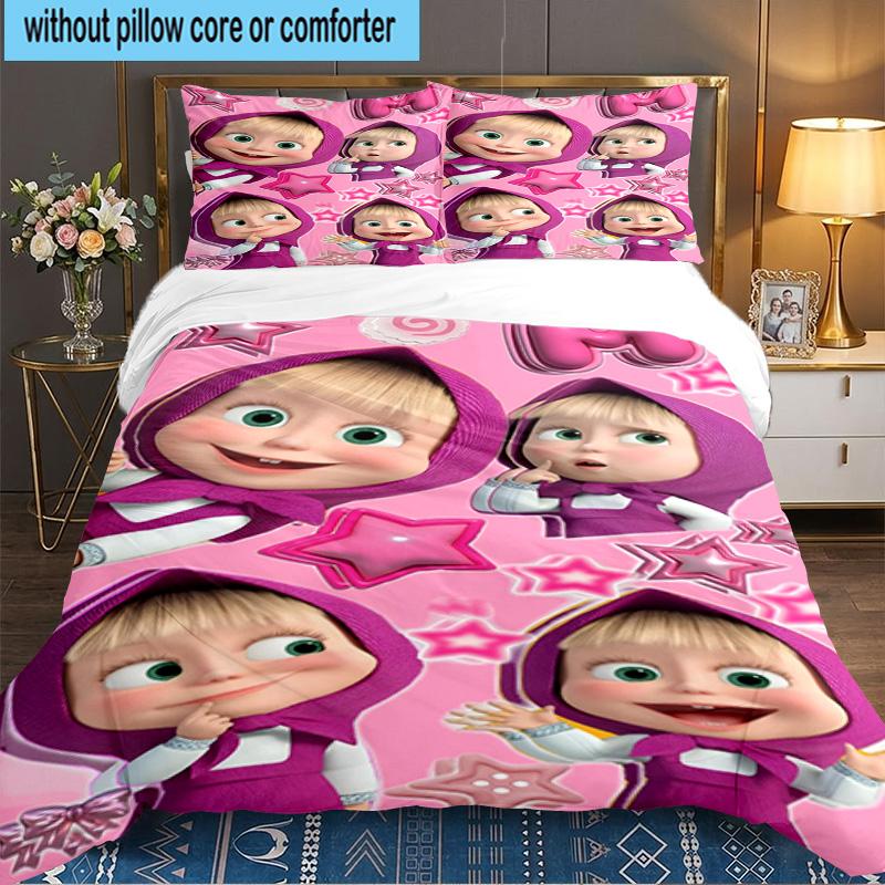 Heart-themed Ma-sha Illustration. 3PCS Bedding set,Ideal for 1pc Duvet Cover And 2pcs Pillowcases Perfect for Fan gift,Ideal for Bedroom, Dormitory