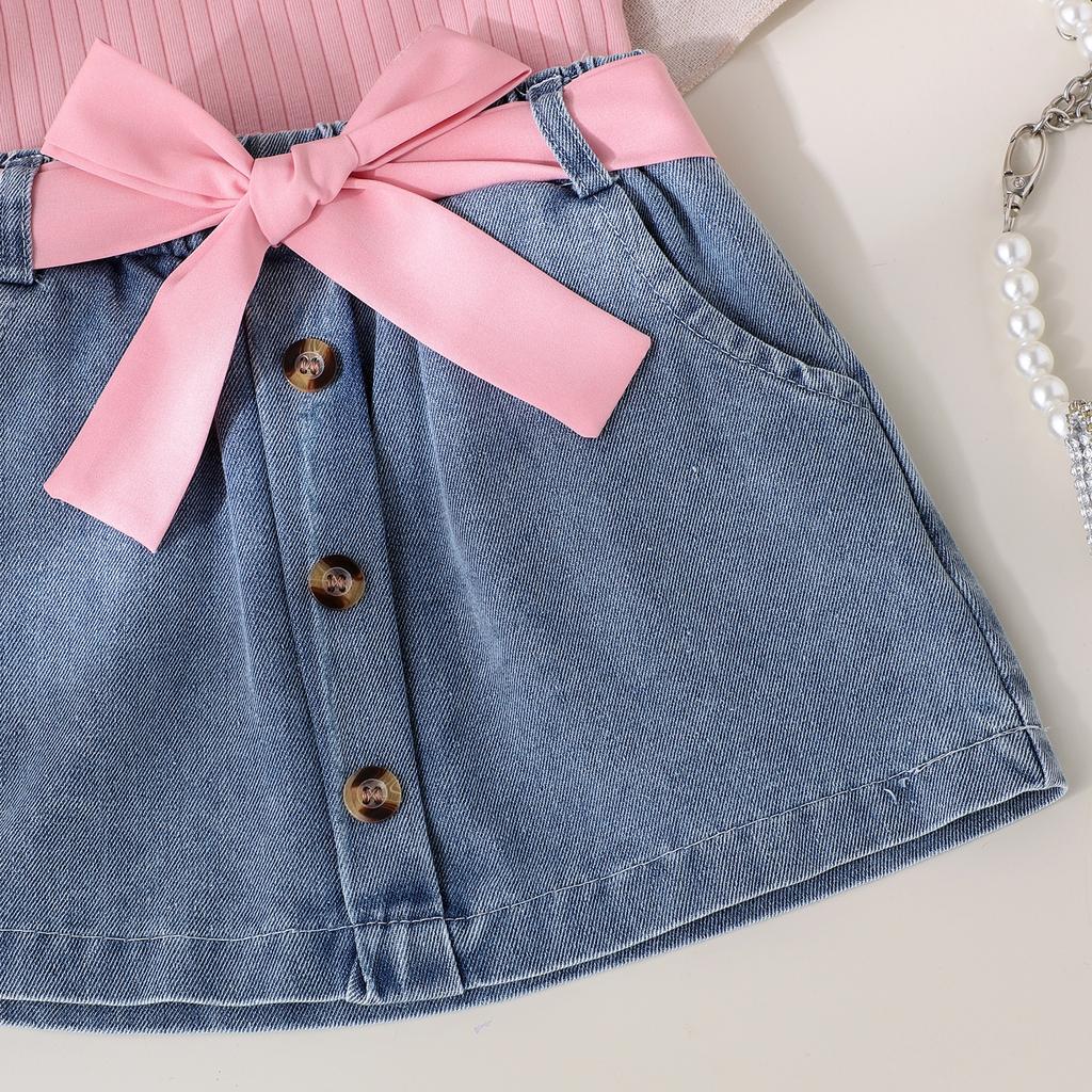 Girls Casual Suit Summer Kids Fashion Sleeveless Crew Neck Vest + Denim Shorts Suit