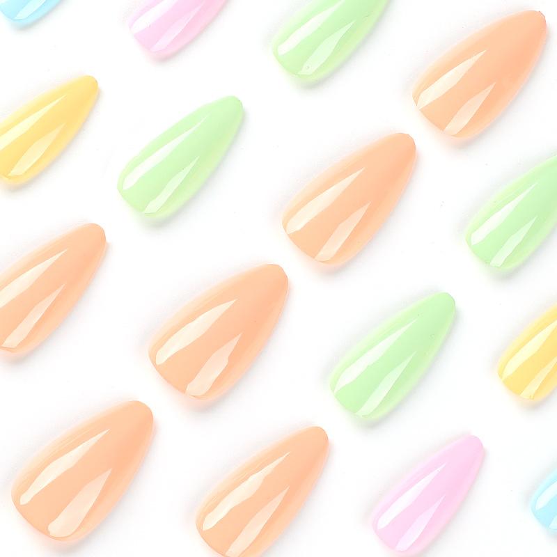 24Pcs/Set Quick Nails Rainbow Color Solid Color False Nials Sticker Wearable Waterproof Manicure Finished Nails