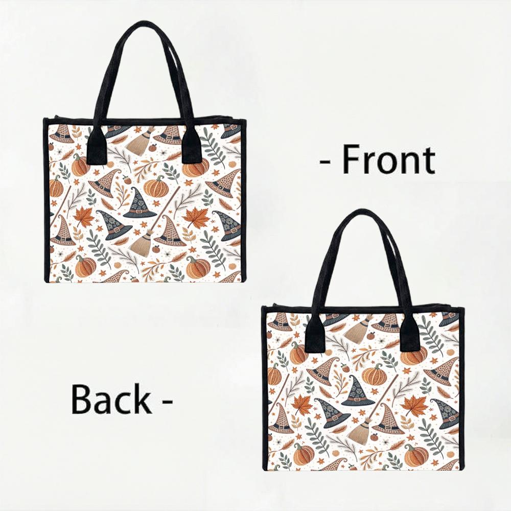 Autumn Witch Pattern Tote Bag Casual Portable Handbag for Halloween Daily Use