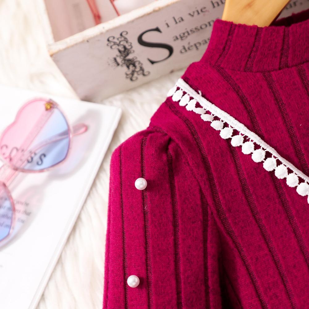 Платье вязаное однотонное с длинным рукавом и высоким воротом для девочек 4-8 лет Детская мода осень/зима Платье с бисером