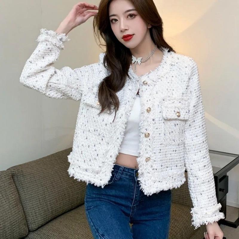 Женский корейский твидовый короткий пальто 2024 – Осенне-зимний повседневный стиль знаменитости