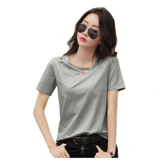 Женская однотонная футболка с V-образным вырезом и коротким рукавом, свободная летняя повседневная блузка, футболка