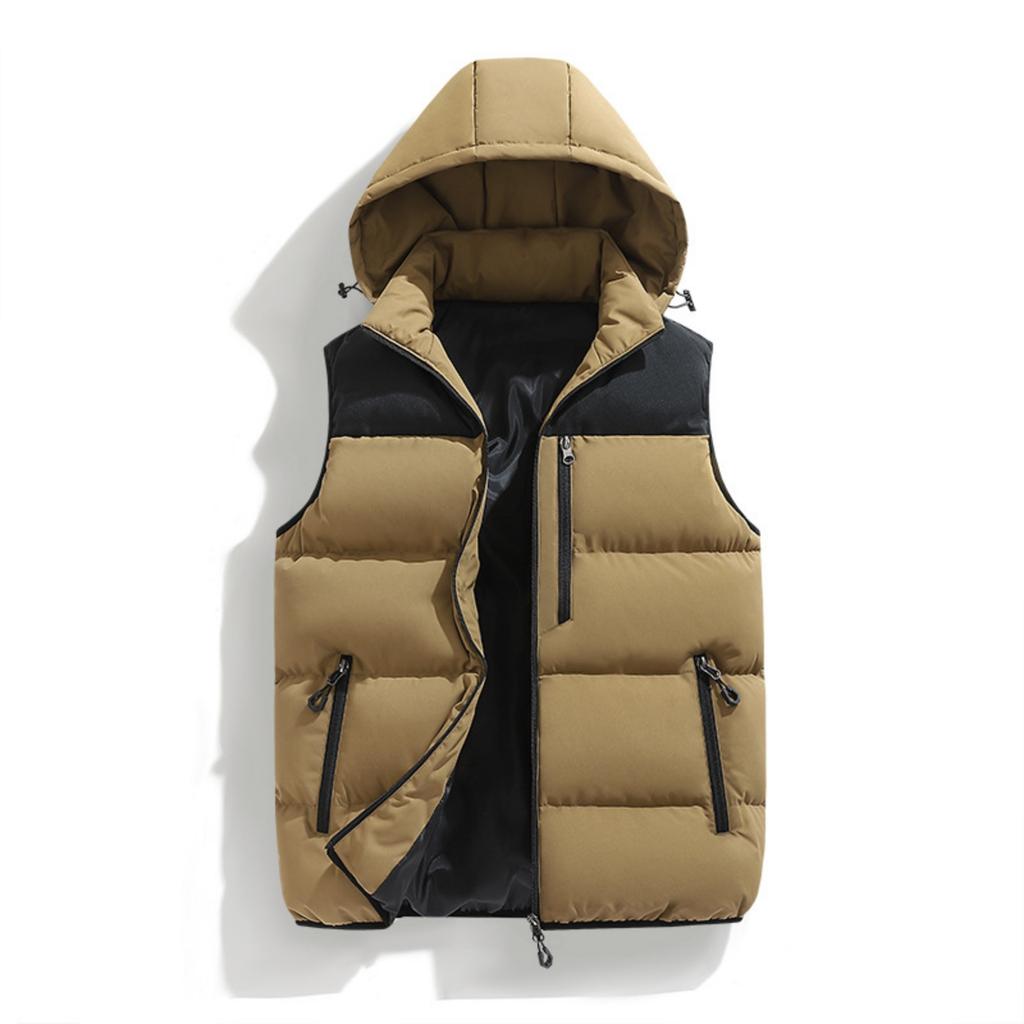 Men's Casual Loose Color-blocked Cotton Warm Jacket, Men's Detachable Cap Sleeveless Vest Jacket