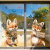 Spring Fox Window Clings Cartoon Fox Flowers Butterflies Glass Sticker Removable Cute Animal Window Decals for Home Office Shop