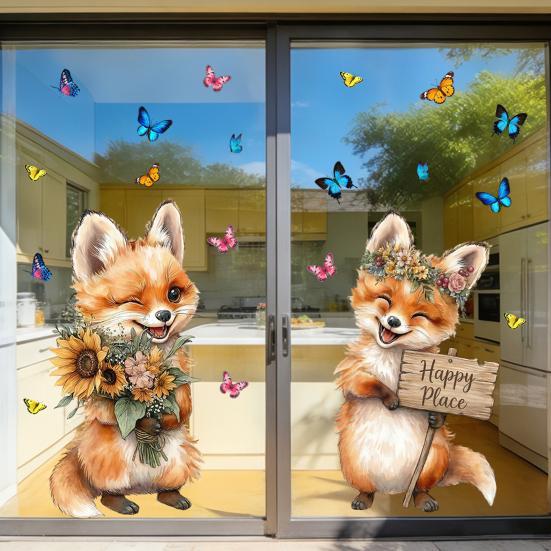 Spring Fox Window Clings Cartoon Fox Flowers Butterflies Glass Sticker Removable Cute Animal Window Decals for Home Office Shop