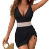 Women One Piece Swimsuit Tummy Control Slimming Modest Swim Dress Drawstring Bathing Suit Color Block Deep V-Neck Swimwear for Beach Pool Party