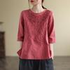 Women  Casual T-shirts  Summer Cotton Linen Vintage Style Floral Embroidery Loose Female Half Sleeve Tops Tees
