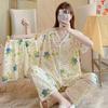 Short-Sleeved Pajamas Three-Piece Korean Version Of Sweet And Cute Cardigan Women'S Loungewear