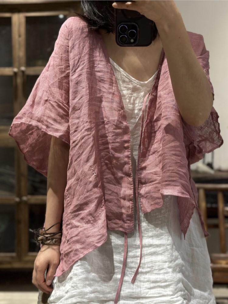 Johnature Женские винтажные льняные летние рубашки, сплошной цвет с поясом, топы в китайском стиле, блузки с короткими рукавами и v-образным вырезом, свободная рубашка