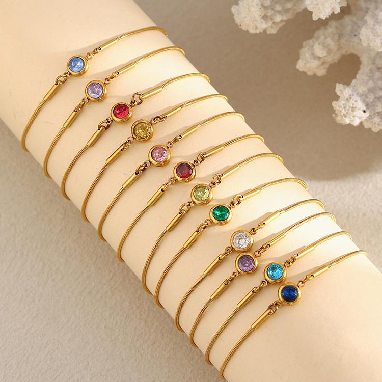 Hot Selling Fashion Design Bracelets Stainless Steel Snake Chain 18K Gold Plated Birth Stone Zircon Jewelry Adjustable Bracelet