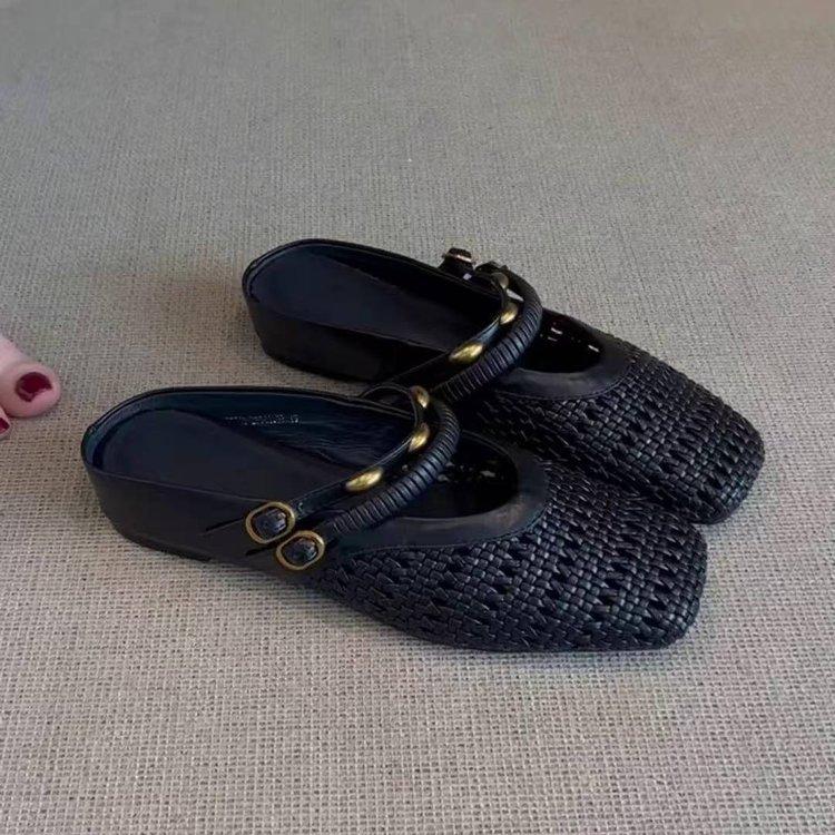 Версия из мягкой кожи~ универсальная черная плетеная ажурная дышащая сумка, туфли с квадратным носком, женские полушлепанцы с металлической надписью
