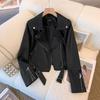 Черная короткая кожаная куртка женская весна и осень новый дизайн ретро кожаная куртка