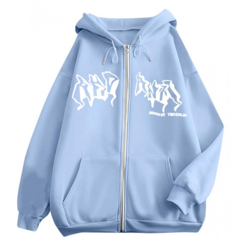 Mens Gothic Letter Print Hooded Zip-Up Sweatshirt Oversized Casual Winter Jacket