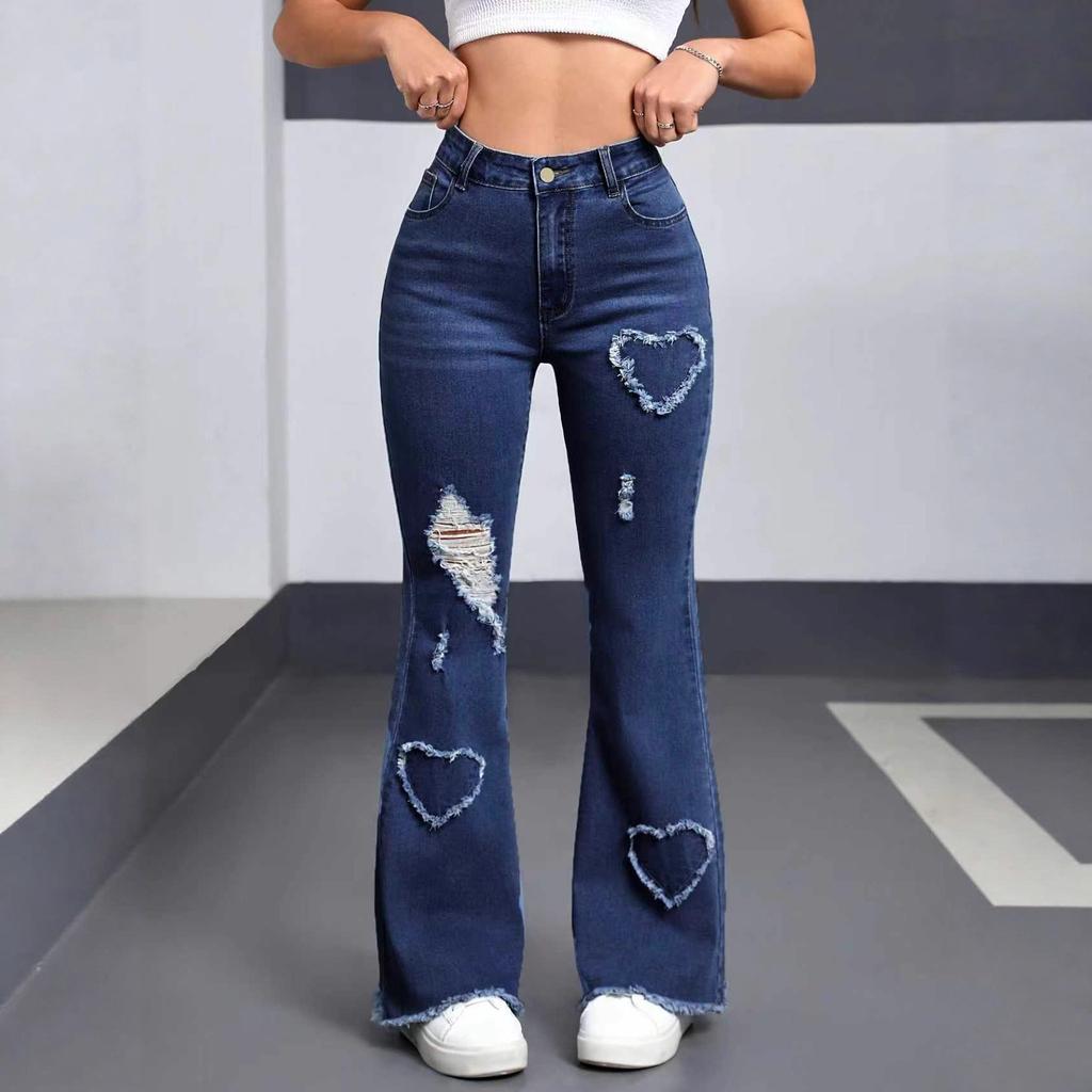 Джинсовые Расклешенные Брюки Женские С Дырками Джинсы Boot Cut Потертые Уличный Стиль Высокая Талия Эластичные Стиранные Винтажные Брюки Полной Длины