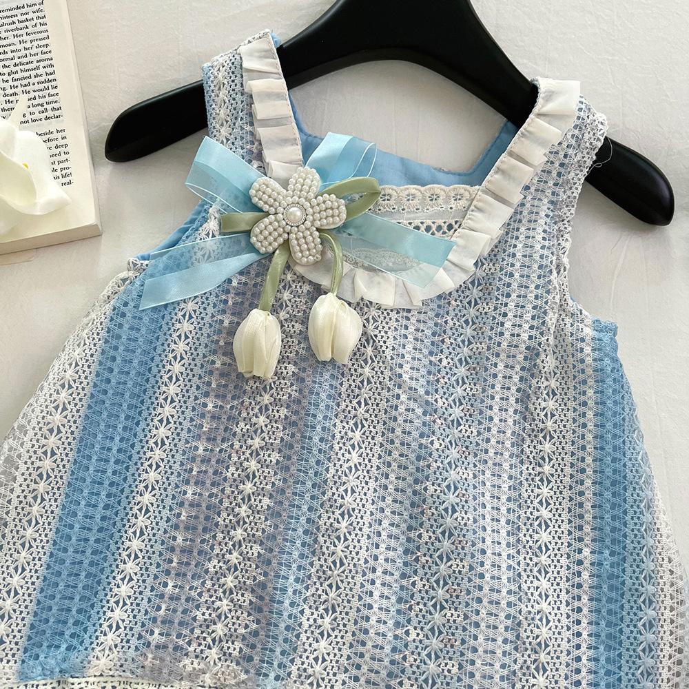 Girls Summer Lace Sleeveless Dress 3D Floral Fake Two Piece Princess Vest Dress Stylish Casual Party Wear for Kids