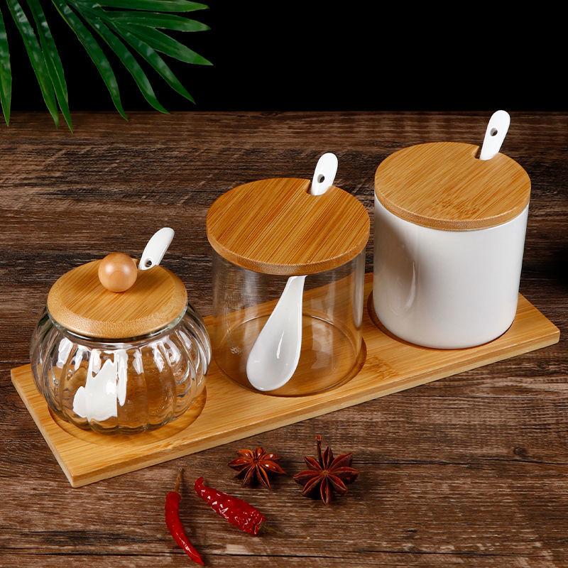 Прозрачная стеклянная банка для приправ с деревянной крышкой, стеклянная бутылка для приправ, бытовой кухонный инструмент для приправ, ящик для хранения соли