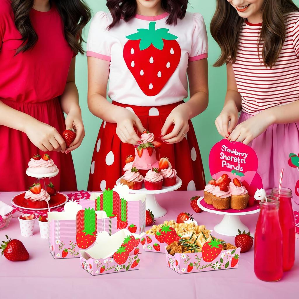 24Pcs Strawberry Paper Food Trays Cute Strawberry Snack Bowl Disposable Berry Dessert Boats for Strawberry Birthday Party Decoration Supplies