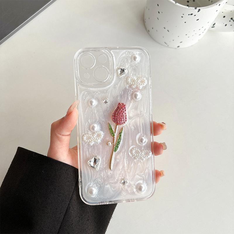 For Apple 16Pro Fresh Ins Style Rose Phone Case for IPhone17 Glitter Glitter Rhinestone Pearl Diamond
