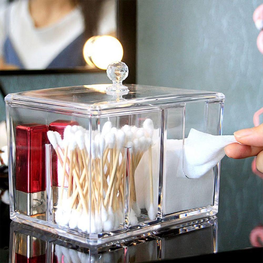 Clear Makeup Divided Box Acrylic Cosmetic Stand Tampon Organizer Dispenser  Bathroom