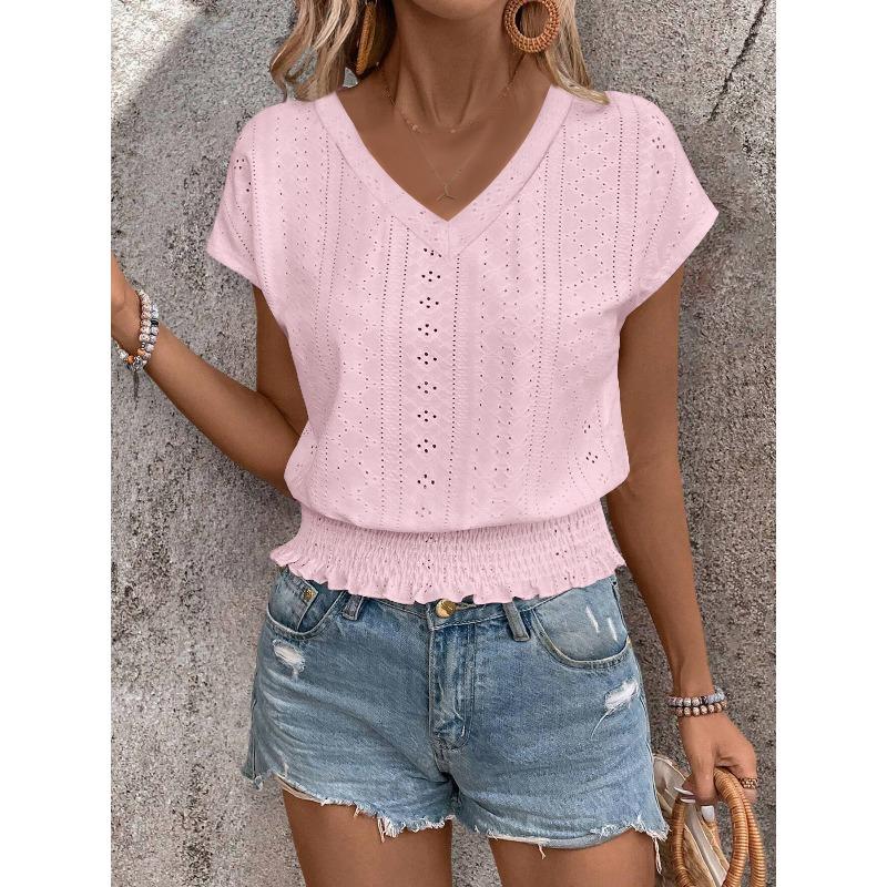 Summer V-neck Women's T-shirt Jacquard Hollow Drawstring Short Sleeve T-shirts Women Fashion Casual Tops Elegant Slim Fit Office Lady Tee Shirt New